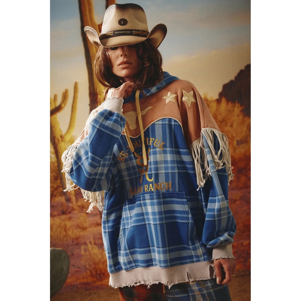 NWT Sabbi AU Chappy Hour Ranch Blue Plaid Hoodie Large/L Western Rodeo Fringe Ho